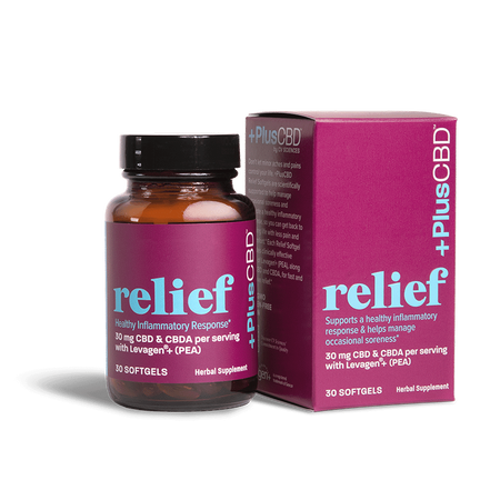 CBD Relief Softgels, 30ct, 15mg Bottle and Box
